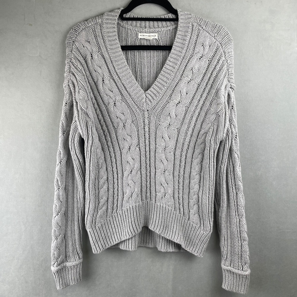 Aeropostale Light Gray Cable Knit V Neck Preppy Cozy Sweater Wmn M‎ Cotton Blend